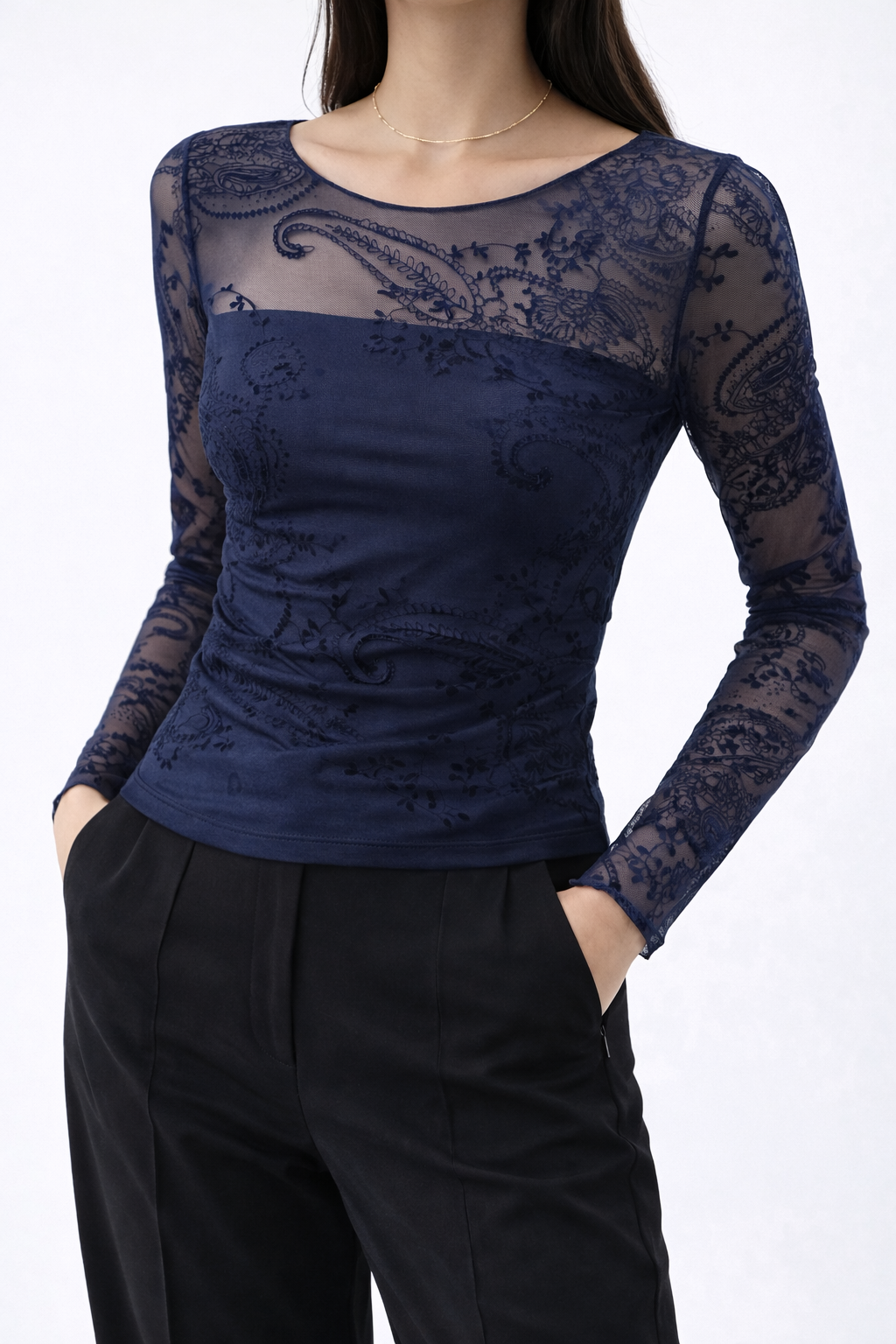 Paisley Mesh Long Sleeve Top