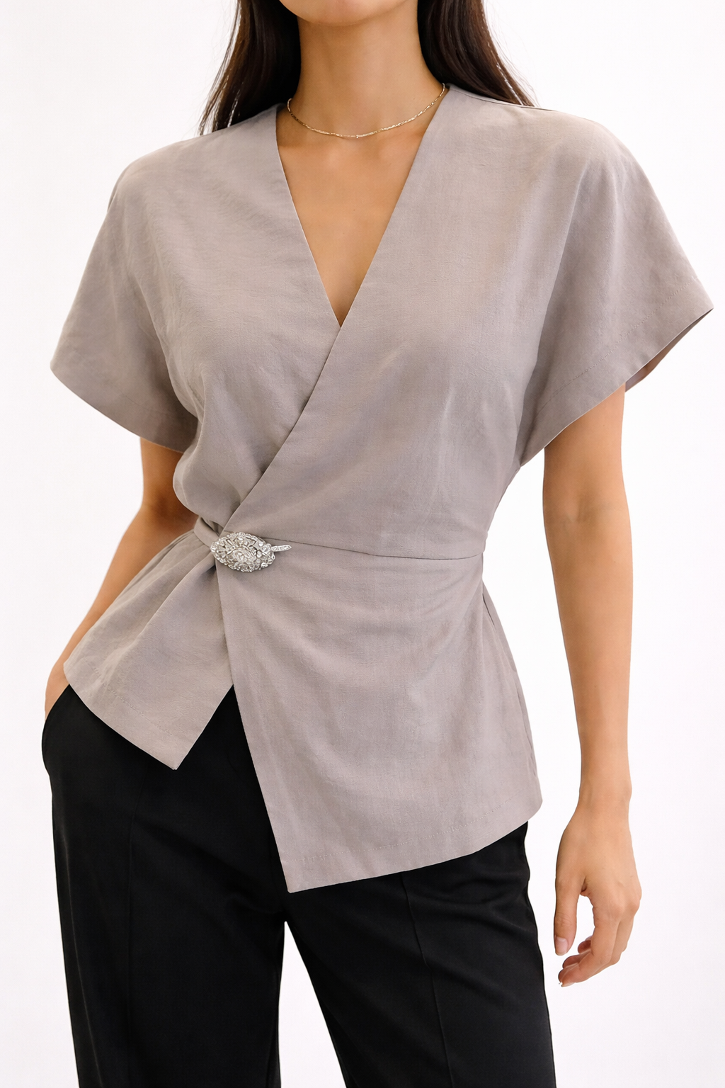Grey Wrap Blouse with Brooch
