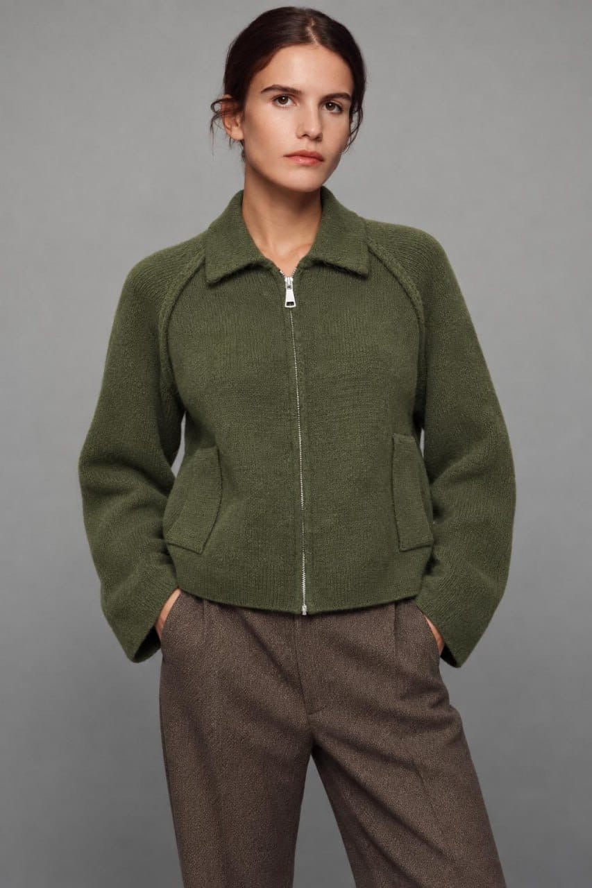 Collared Zip-Up Knit Cardigan