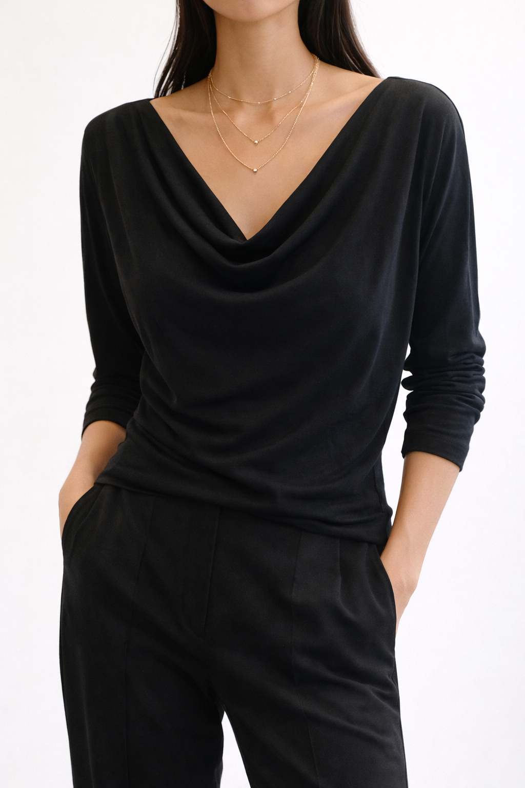 Black Cowl Neck Long Sleeve Top