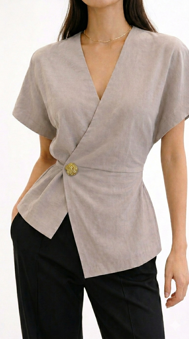 Grey Wrap Blouse with Brooch