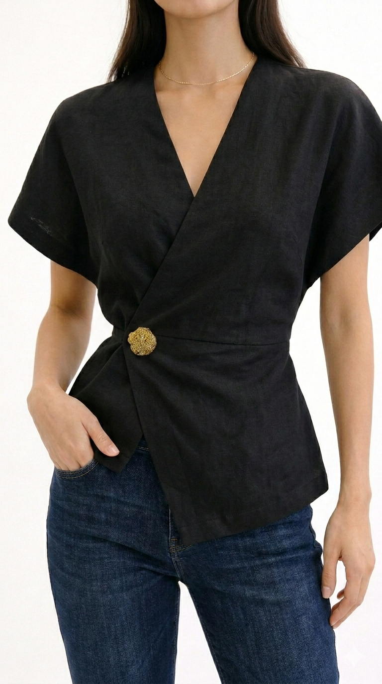 Grey Wrap Blouse with Brooch